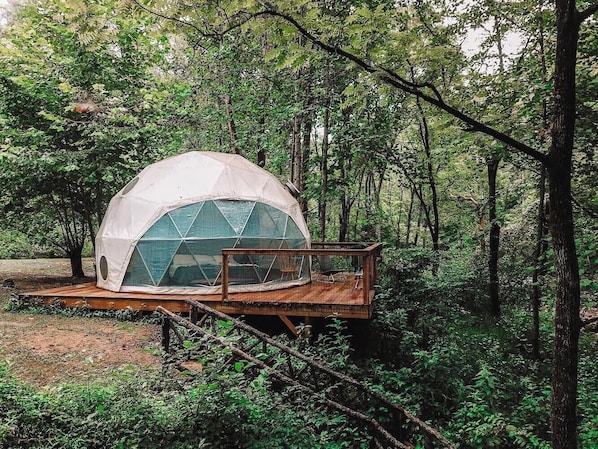 A geodesic dome tent with a wooden deck and glass walls, situated in a forested area.