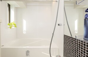 Separate tub and shower, free toiletries, hair dryer, slippers