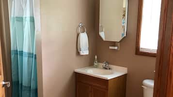 Hair dryer, towels, soap, shampoo