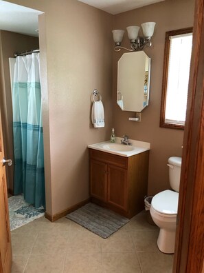 Hair dryer, towels, soap, shampoo