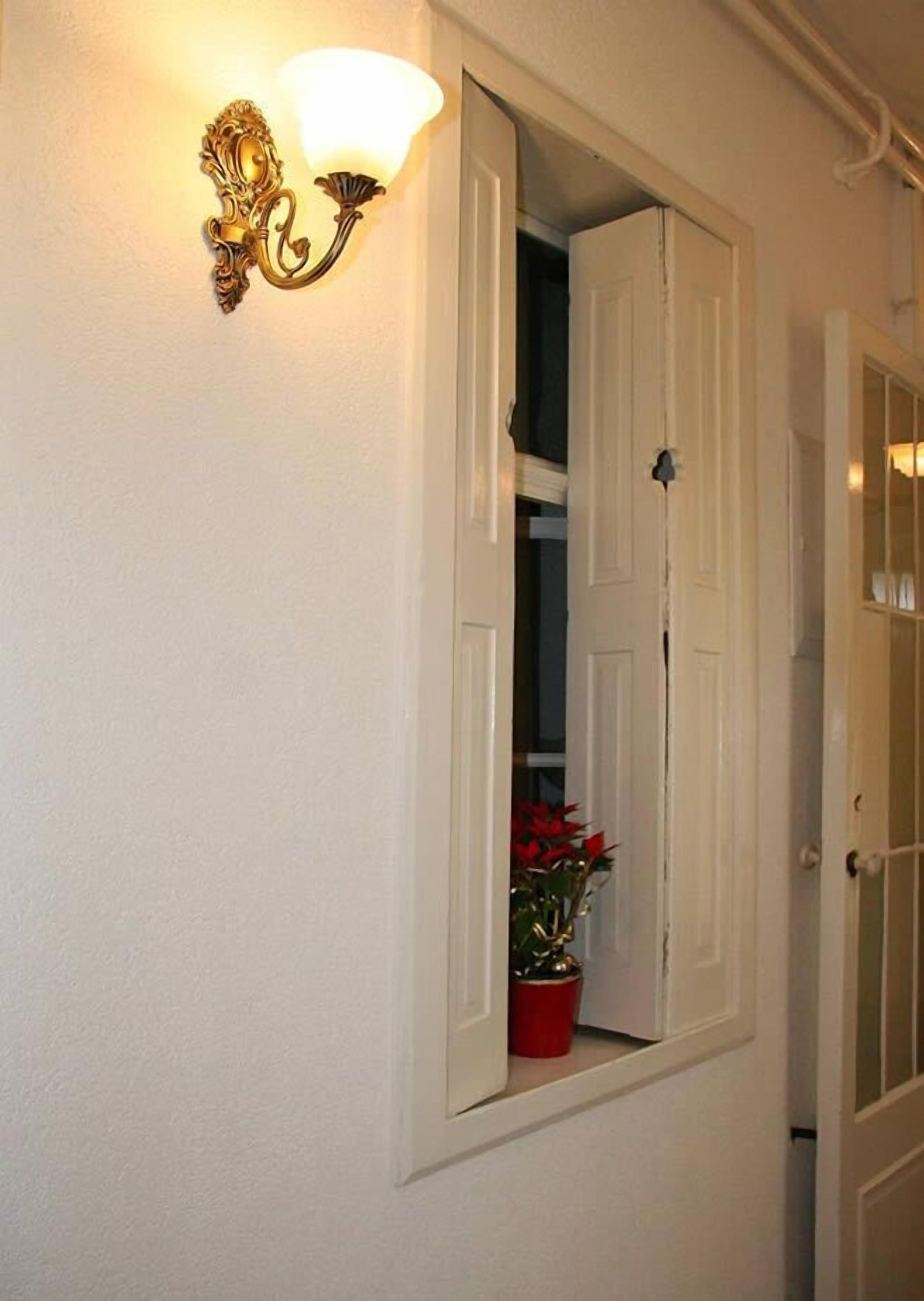 A hallway with a white door, a mirror reflecting a red potted plant, and a wall-mounted light fixture.