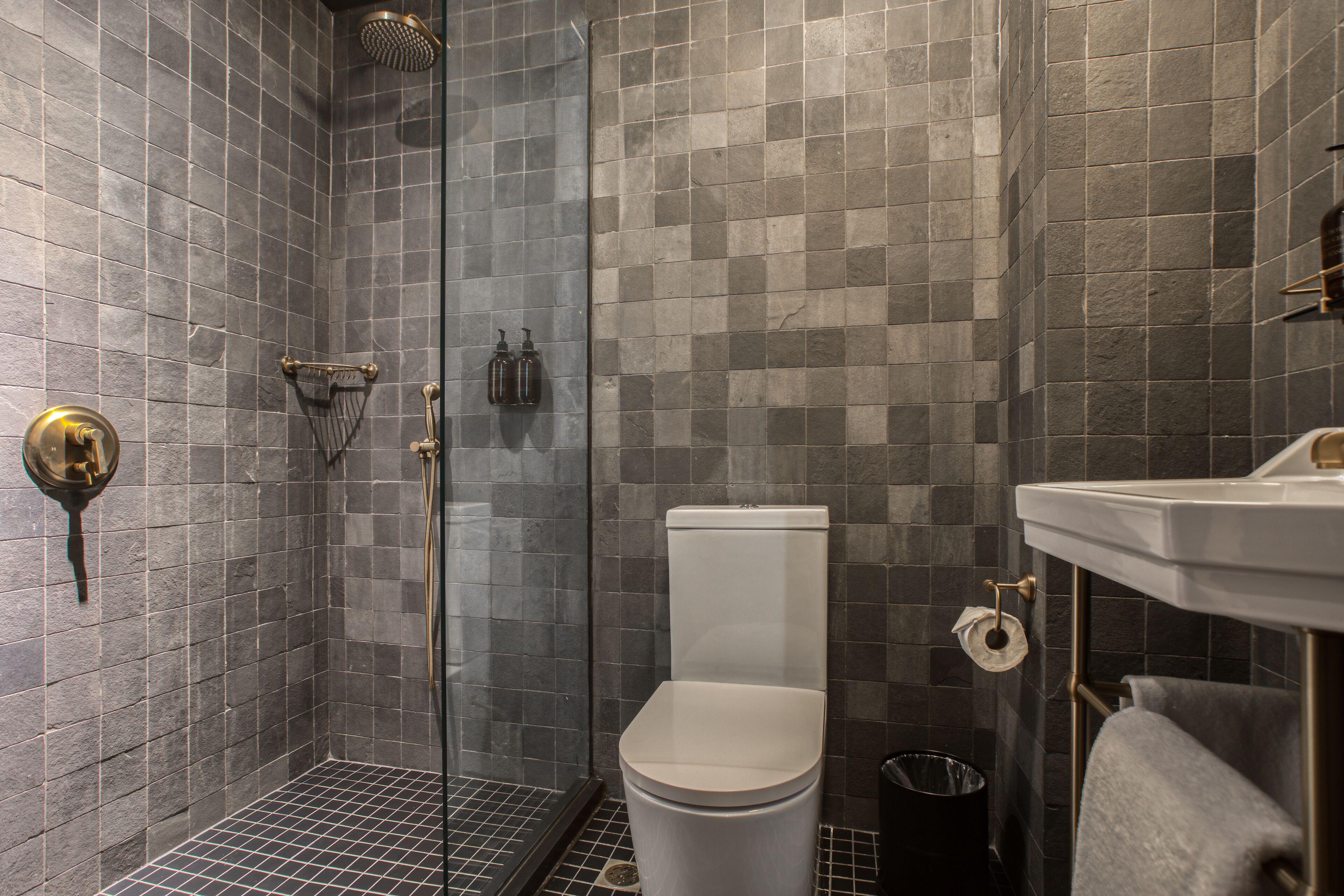 shower, rainfall showerhead, free toiletries, hair dryer