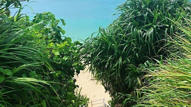 A pathway leading to a beach with clear turquoise water and a blue sky. - Ocean Aroha Resort (Onna)