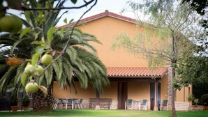 A building with a tiled roof, a covered patio area with chairs, and a palm tree in the foreground.