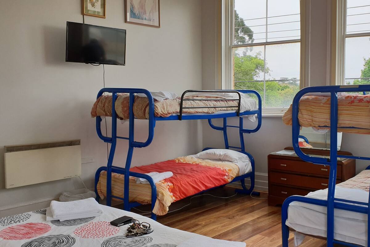 A dormitory room with bunk beds, a television, a window with a view of trees, and a wooden floor.