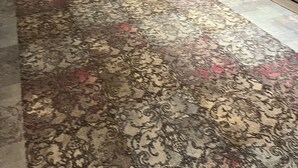 Ein Korridor mit gemustertem Teppich, Holztüren und einem an der Wand befestigten Kunstwerk.
