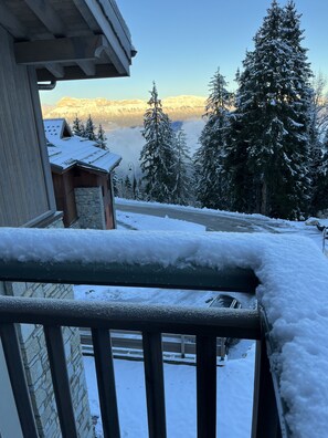 A snow-covered balcony with a view of snow-covered trees and distant mountains.