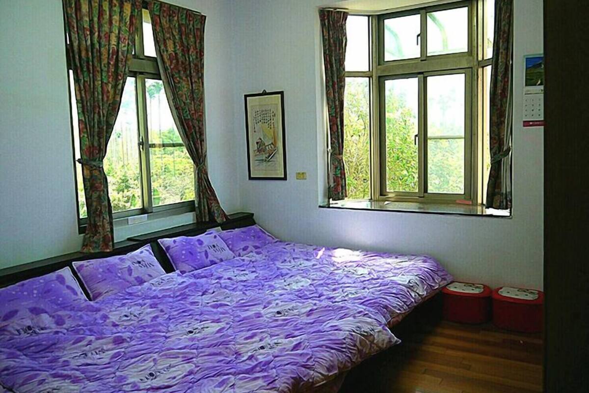 Une chambre à coucher avec un lit, deux fenêtres et un tableau encadré au mur.