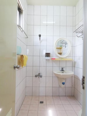 Une petite salle de bain avec une douche, un lavabo et un miroir.