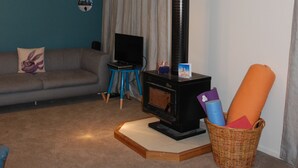 Ein Wohnzimmer mit Kamin, einer Couch, einem Fernseher und einer Wand mit dem Schriftzug 'PARKLIFE'.