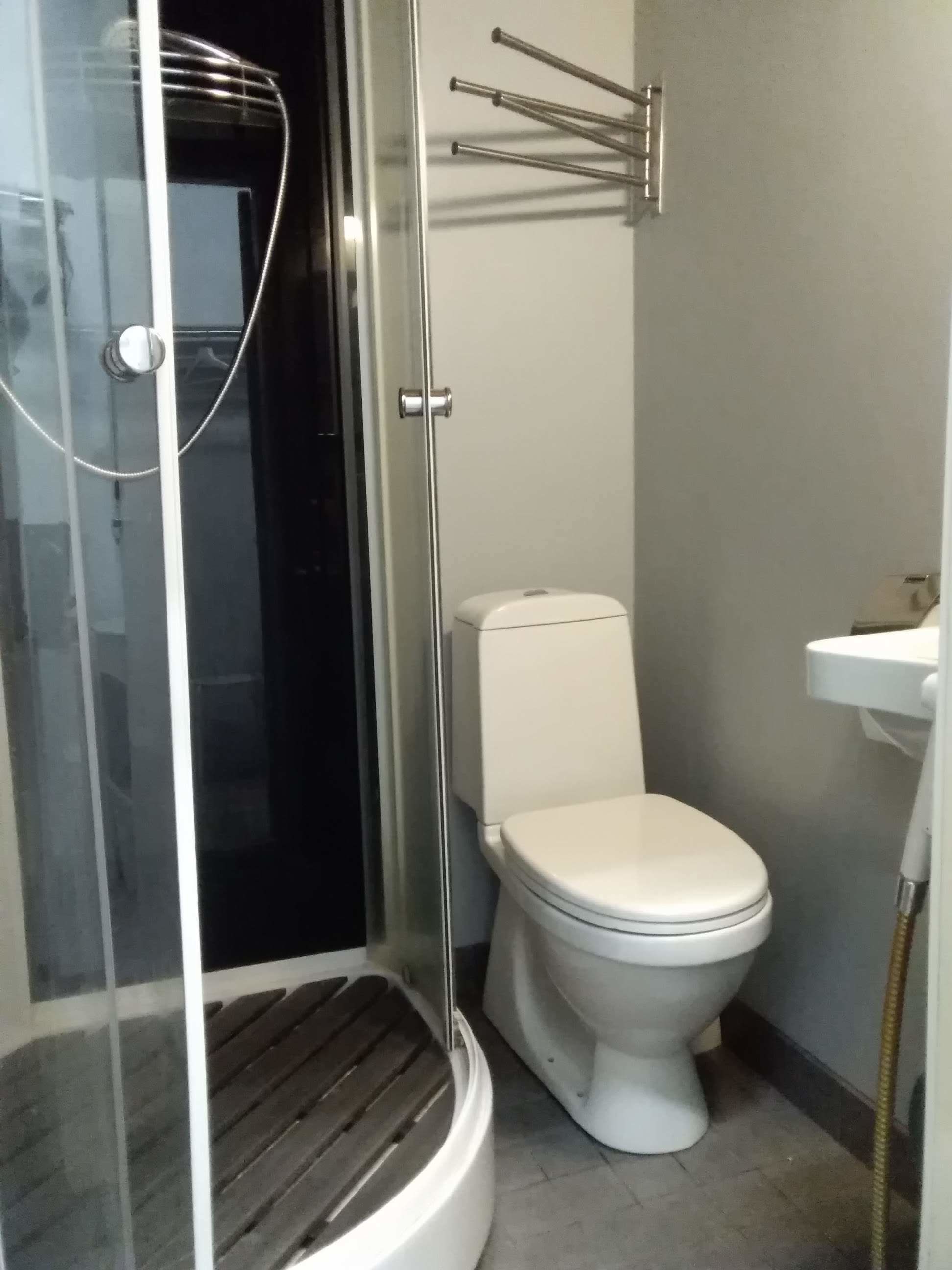 A bathroom with a glass-enclosed shower, a white toilet, and a sink.