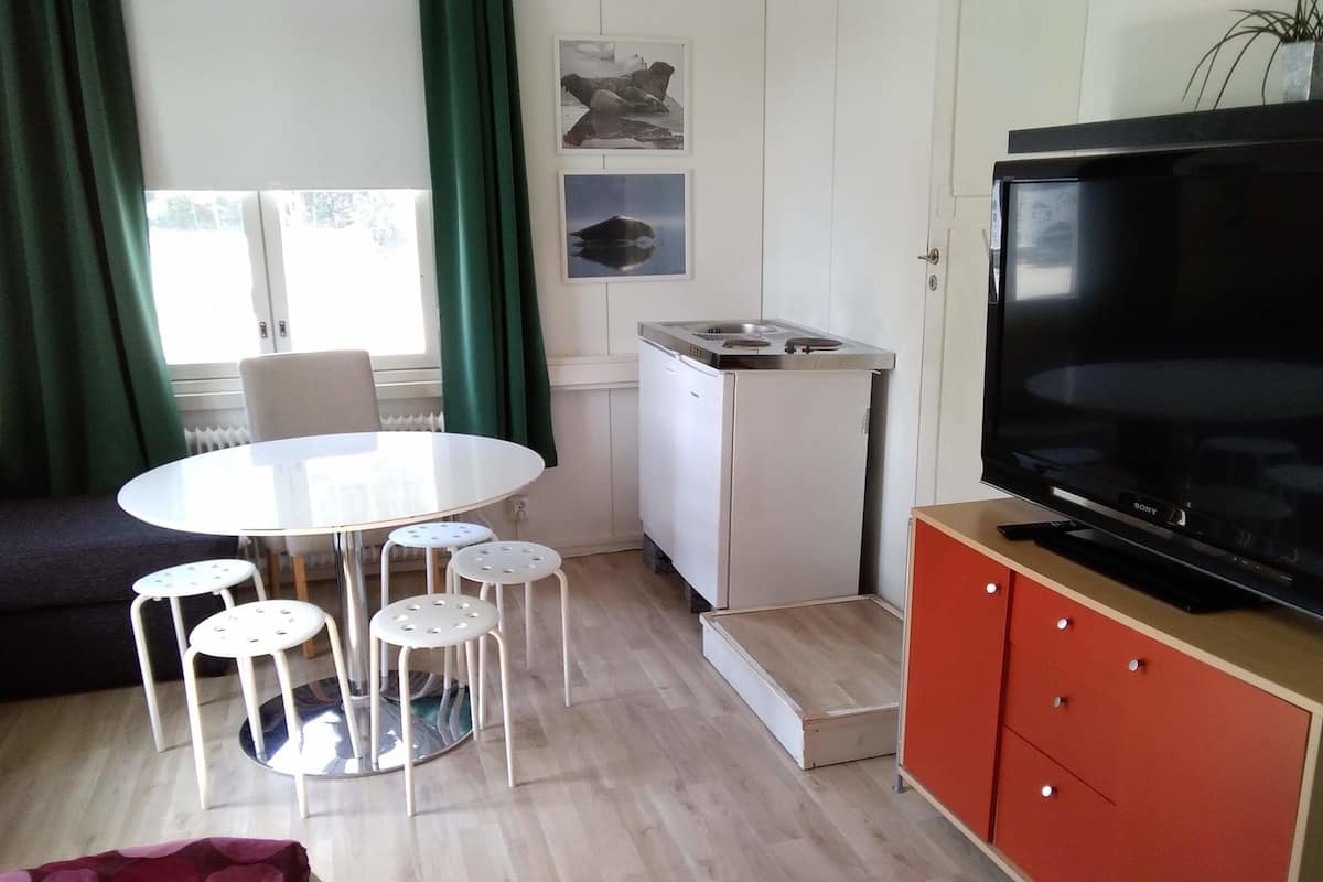 A compact living space with a round dining table, four stools, a kitchenette, a television, and a sofa.
