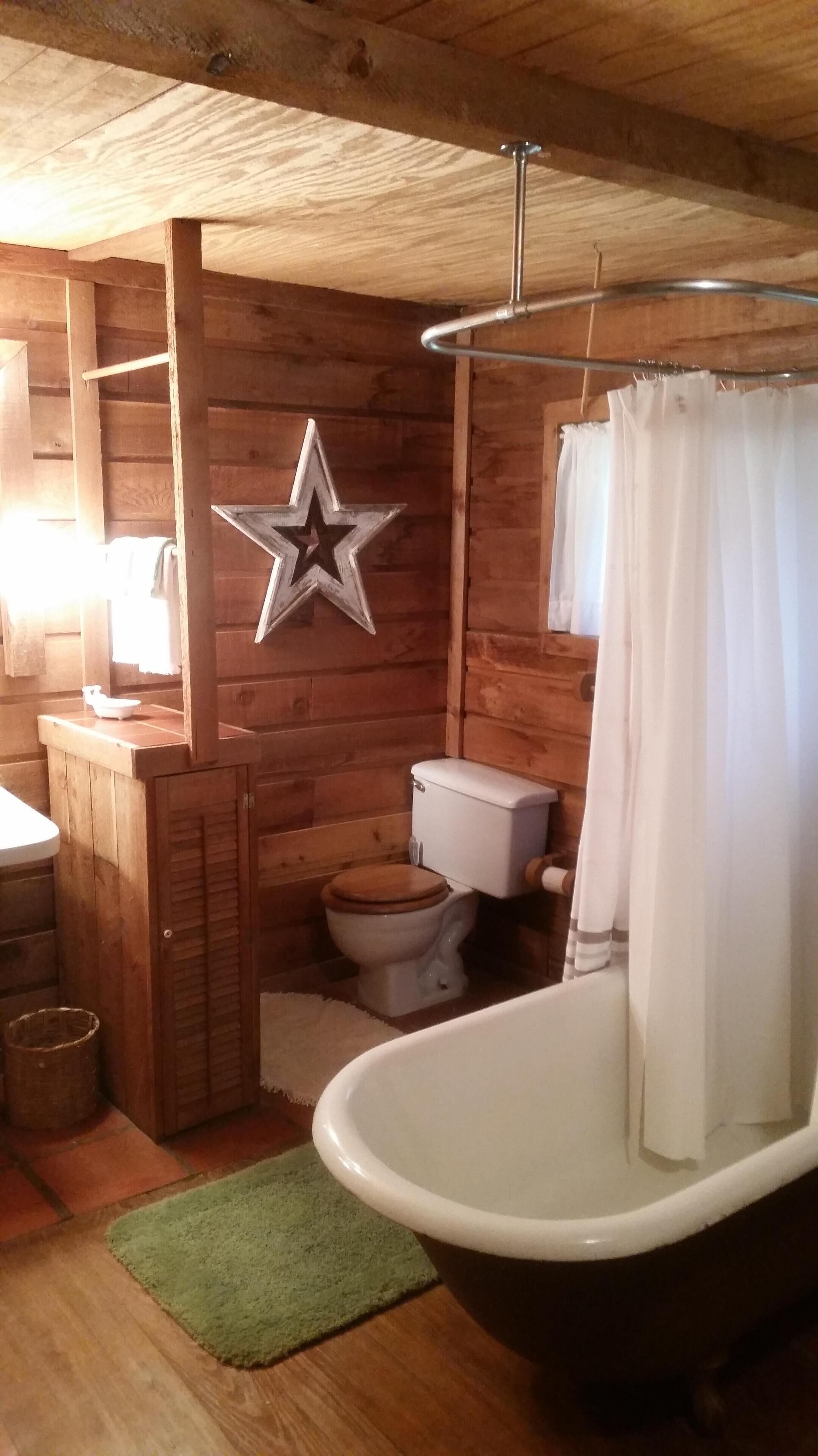 Combined shower/bathtub, towels, soap, toilet paper