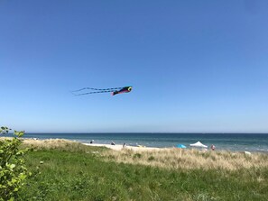 Une plage avec un ciel dégagé, un cerf-volant qui vole et des gens qui se détendent sur le sable.
