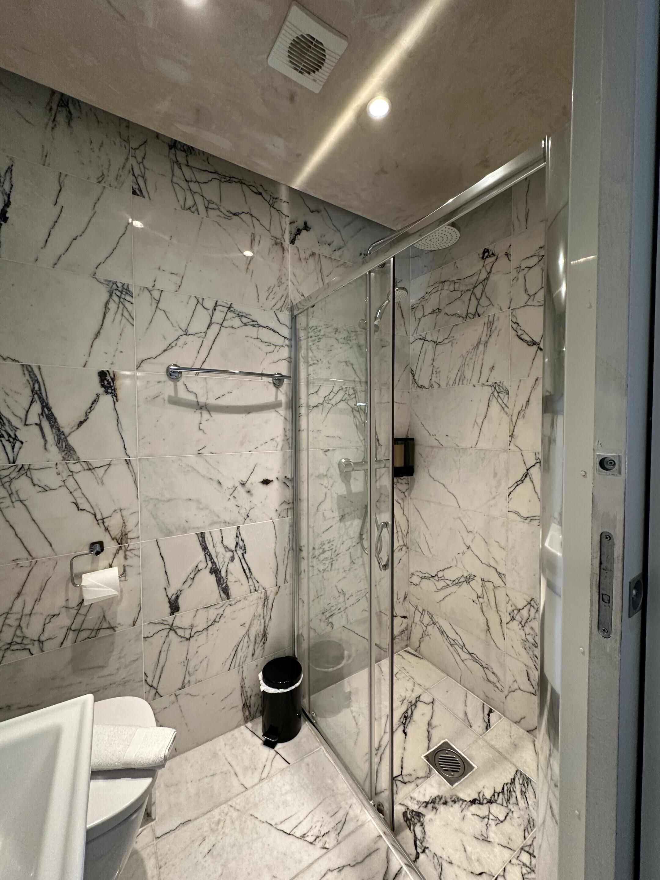 A modern bathroom with a glass-enclosed shower, marble walls, and a toilet.