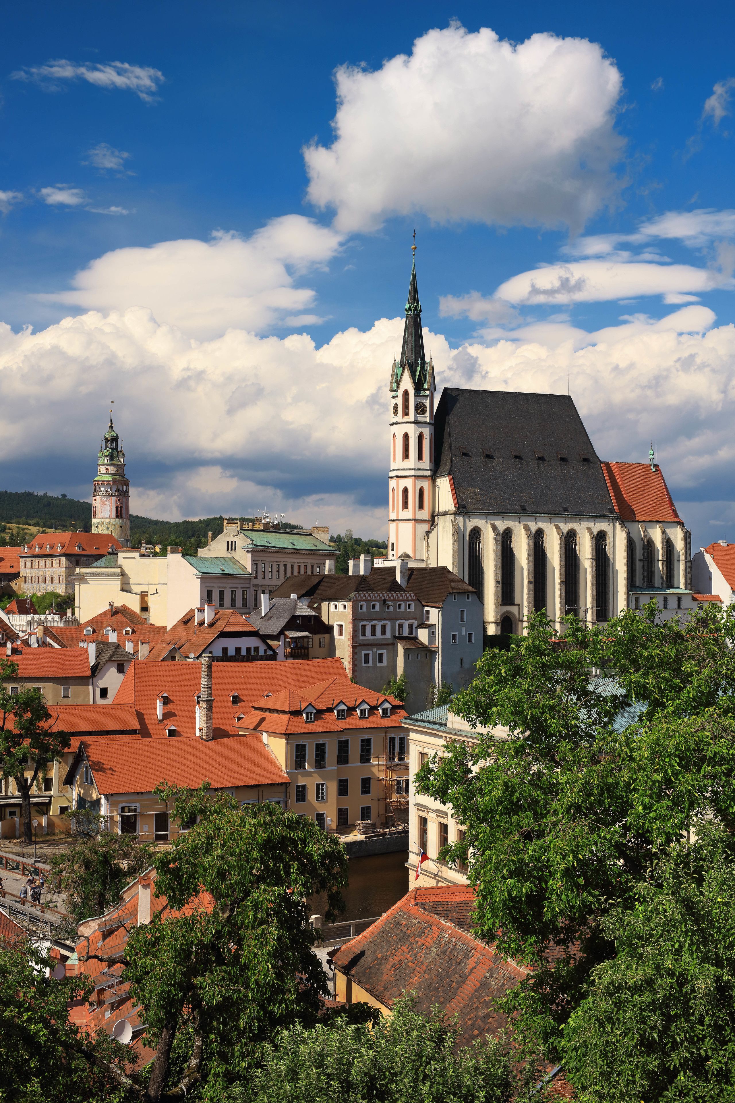 A historic cityscape with prominent architecture, including a large church with a tall spire and a smaller tower with a clock.