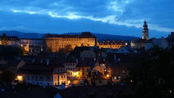 A historic town with a prominent castle-like building and a tall tower, surrounded by traditional European architecture.