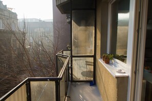 A balcony with a metal railing, a potted plant, and a chair.
