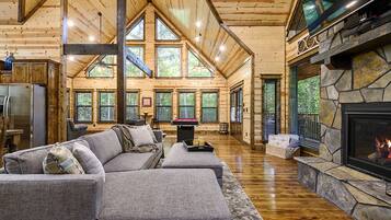 Smart TV, fireplace, table football, books