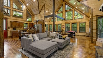 Smart TV, fireplace, table football, books