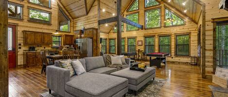 Smart TV, fireplace, foosball, books