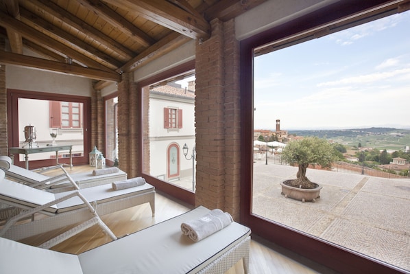 A room with a terrace, wicker furniture, a potted tree, and a view of the countryside.