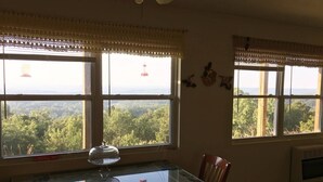 A dining area with a glass table and chairs, large windows with lace curtains, and a view of a forested landscape.