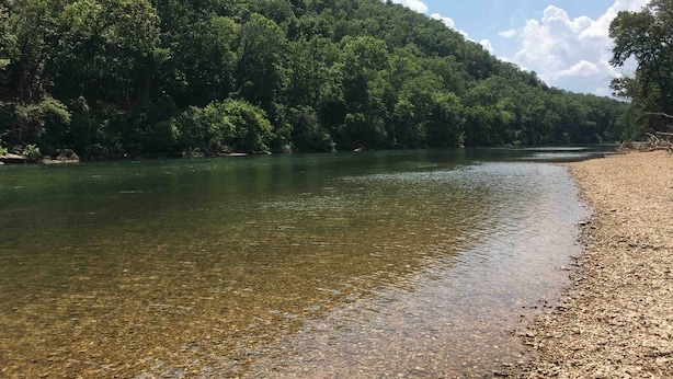 A river with clear water, surrounded by dense forest and a sandy beach.