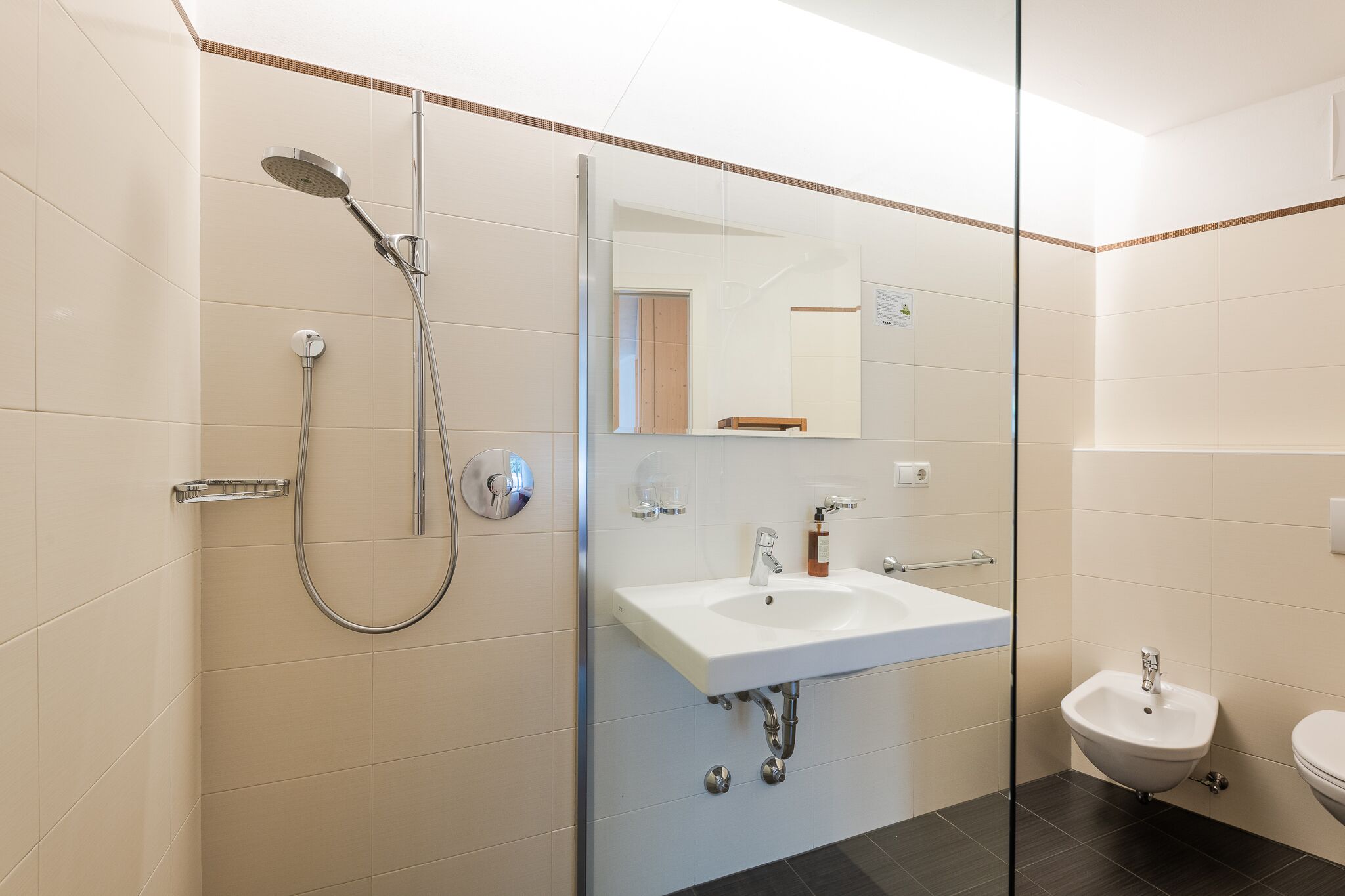 A modern bathroom with a shower, sink, and bidet.