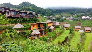 A hillside village with traditional houses, some with balconies, surrounded by lush greenery and terraced fields. - Phu Fa Sai Homestay (Mae Rim)