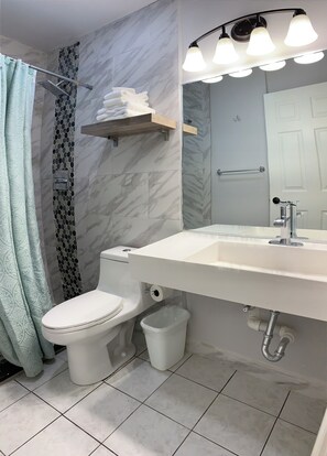 Douche, sèche-cheveux, serviettes fournies, savon