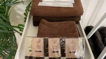 Shower, free toiletries, hair dryer, slippers