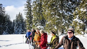 A group of people in a snowy forest setting.