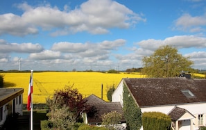 A rural landscape with a yellow field, a flag, and a house with a sloped roof. - Modern 70 m² vacation apartment with roof terrace Grömitz / Brenkenhagen (Brenkenhagen)