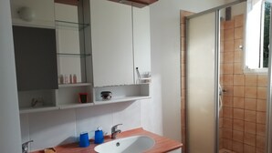 Ein Badezimmer mit zwei Waschbecken, einem Spiegel und einer Dusche.