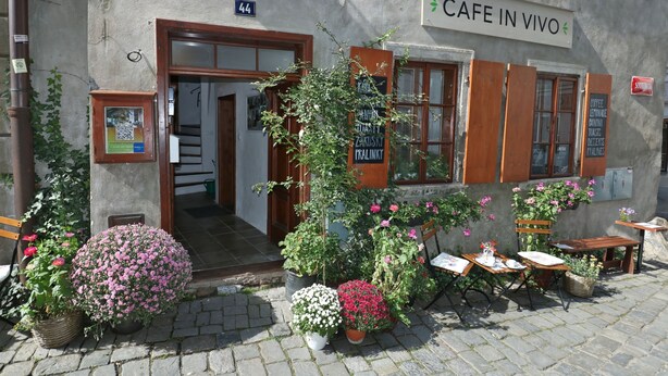 A cafe with outdoor seating, a sign reading "CAFE IN VIVO," and various potted plants. - Apartment Soukenická 44 (Cesky Krumlov)