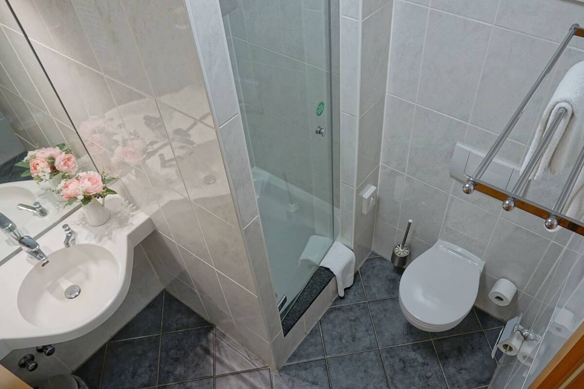 Ein Badezimmer mit Waschbecken, Toilette, Dusche und Handtuchhalter.