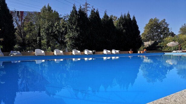 Ein Swimmingpool mit klarem, blauem Wasser, umgeben von Bäumen und weißen Liegestühlen.