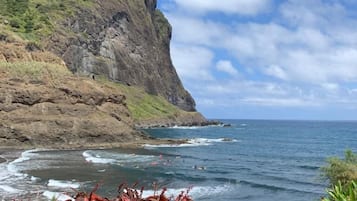 Plage, sable noir, 2 bars de plage, surf