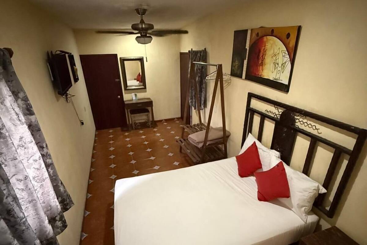 Een slaapkamer met een bed, een bureau, een stoel, een plafondventilator en een schilderij aan de muur.