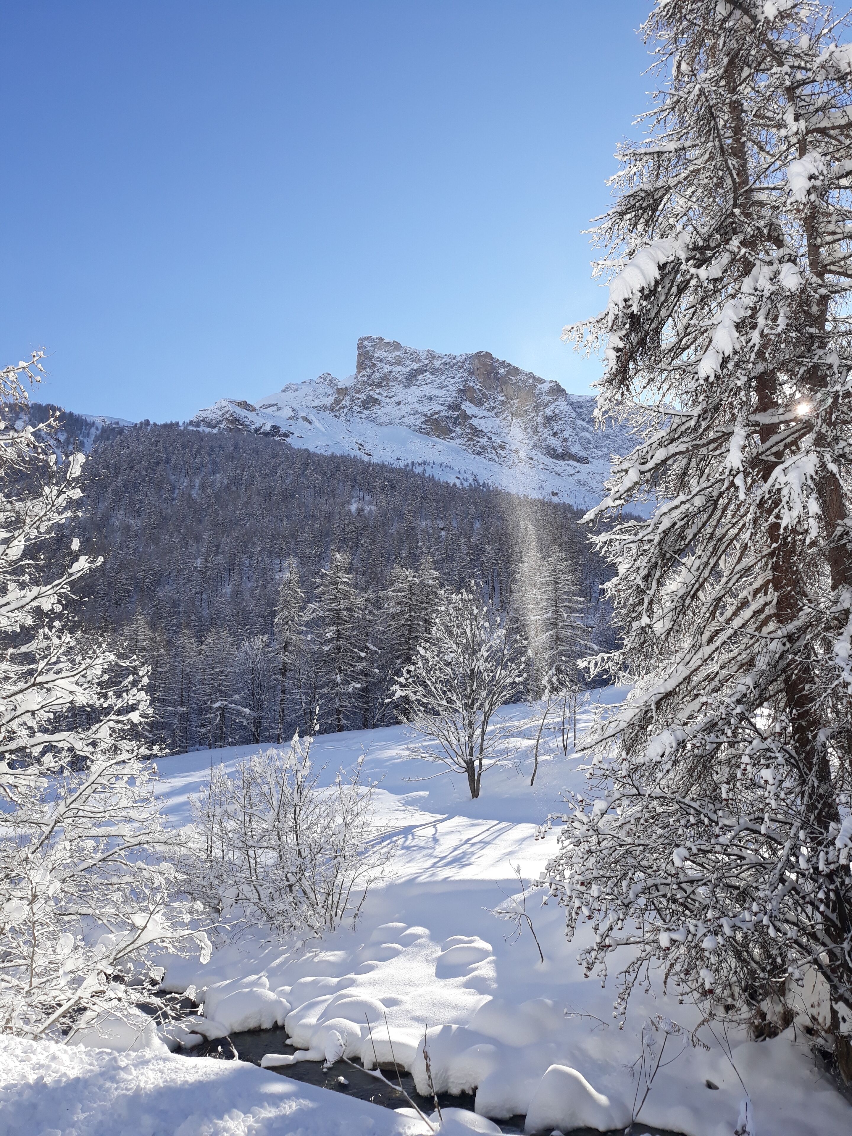 A snowy mountain landscape with a clear sky.