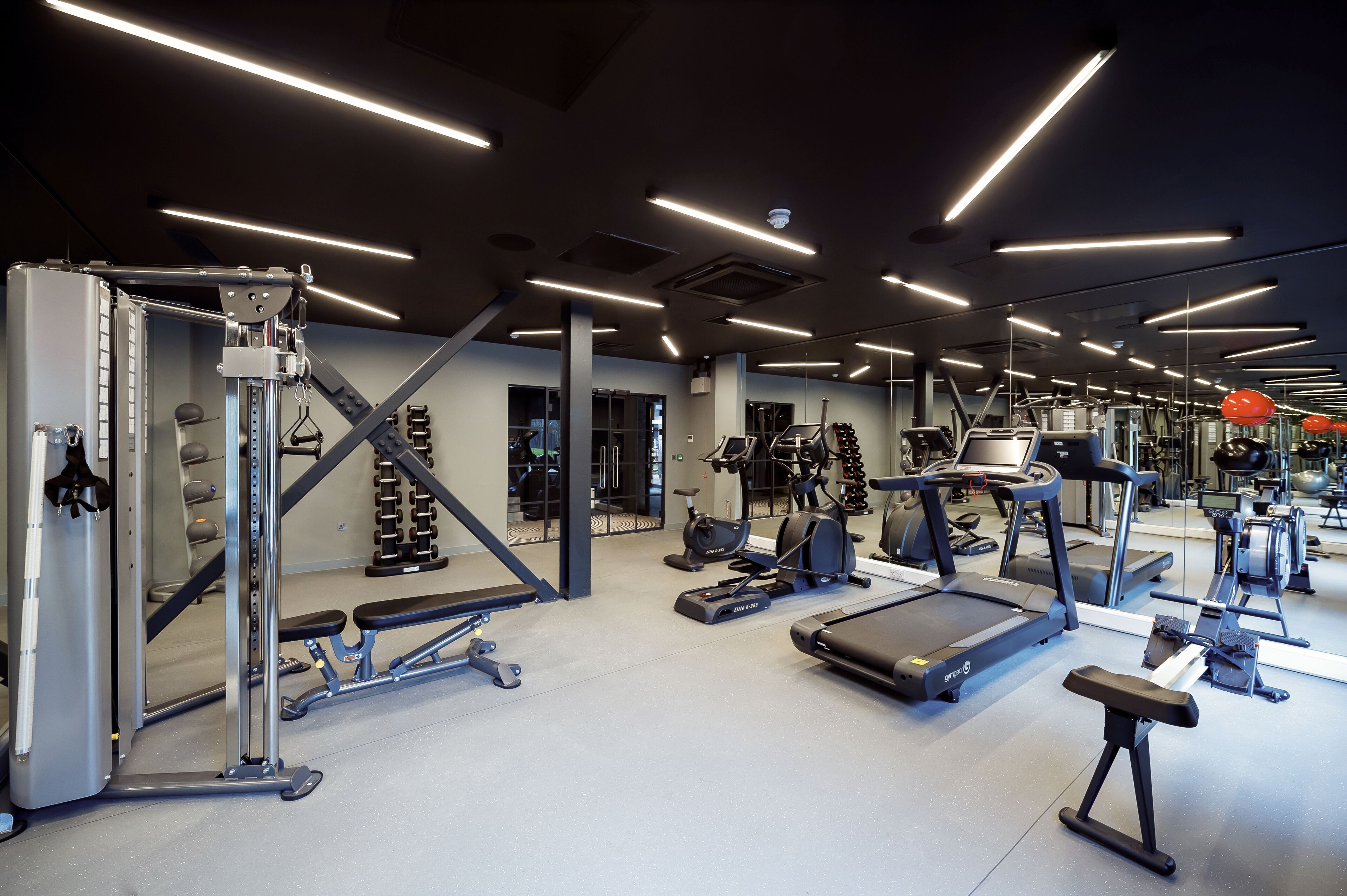 Un gimnasio moderno con diversos equipos de ejercicio, incluyendo cintas de correr, máquinas de pesas y pesas sueltas.