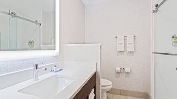 Un baño moderno con un espejo grande, un lavabo, un inodoro y una zona de ducha.