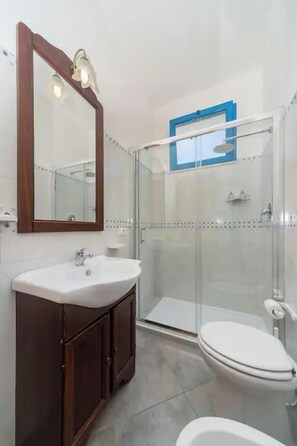 Chuveiro, secador de cabelo, bidê, toalhas de banho