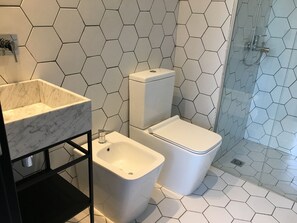 Shower, hair dryer, bidet, towels