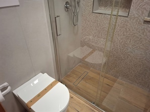 A bathroom with a toilet, shower, and a glass-enclosed shower area.