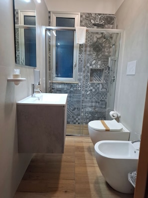 Chuveiro, secador de cabelo, bidê, toalhas de banho