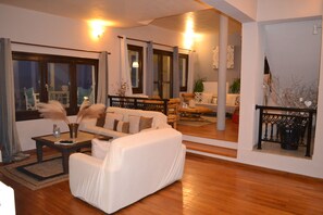 Smart TV, fireplace, books, stereo
