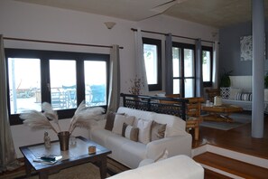 Smart TV, fireplace, books, stereo