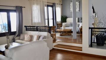 Smart TV, fireplace, books, stereo